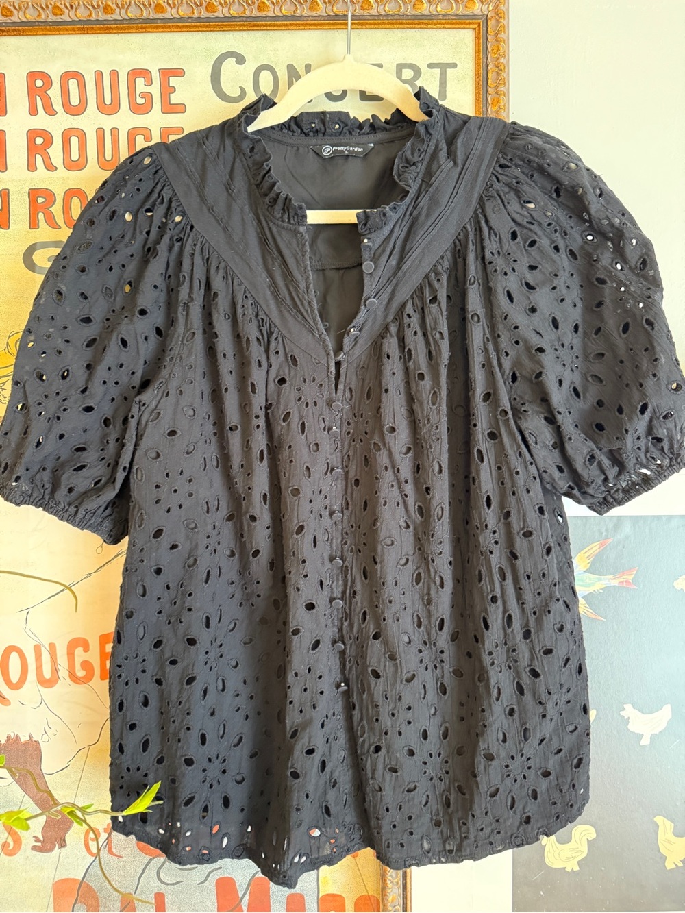 Black Eyelet Puff-Sleeve Women's Top